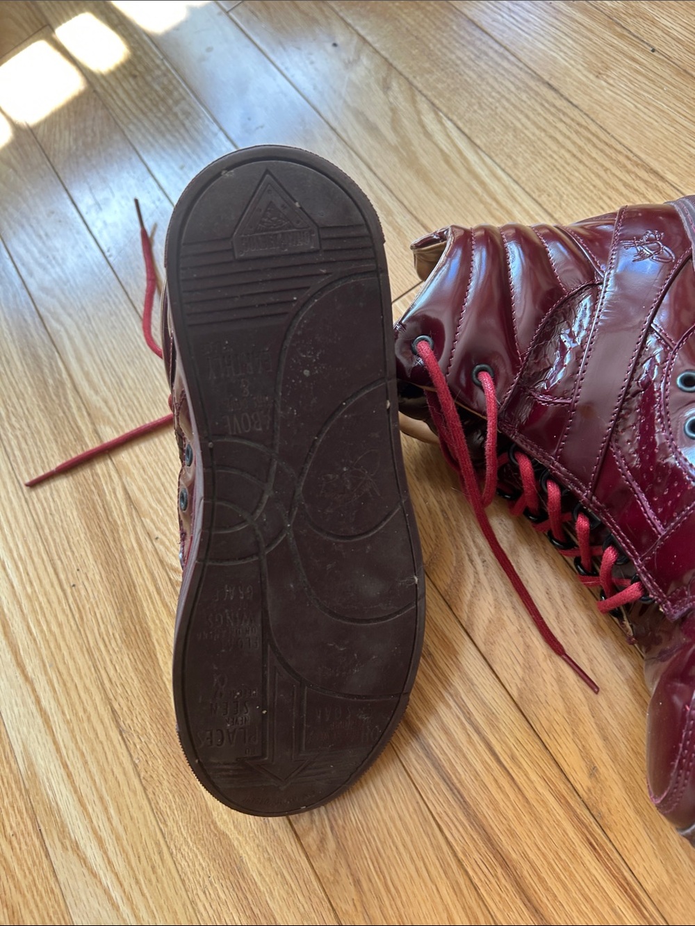 John Fluevog Burgundy Patent Lace-Up Boots with Red Laces - Picture 3 of 4
